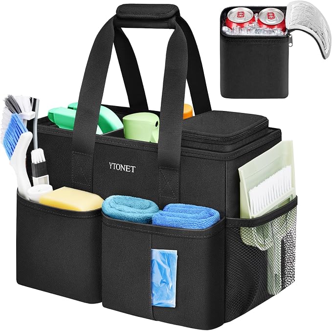 Ytonet Cleaning Caddy, Water Resistant Cleaning Supplies Organizer, Black | With Leakproof Cooler bag, Foldable Divider, Handle, Housekeeping Tote for Cleaners, Kitchen, Bathroom, Car Tool Caddy by YTONET