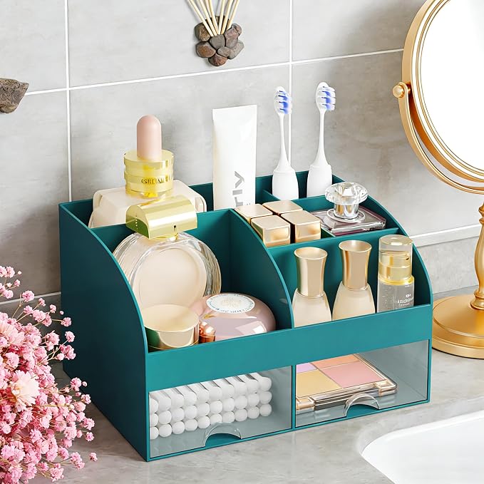 Makeup Organizer with 2 Drawers, Cosmetic Storage for Dresser Vanity and Bathroom Countertop,Make up organization and Skincare Storage with Beauty Brush Holder, Cosmetic Display Case (Dark Green) - Image 5