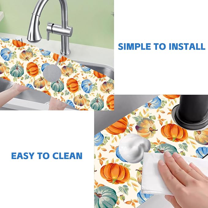 Thanksgiving Colorful Pumpkin Dish Drying Mat for Kitchen Sink Splash Guard Behind Faucet Sink Mat Absorbent Fast Drying Faucet Draining Mat for Bathroom Kitchen 5.5"×24" - Image 5