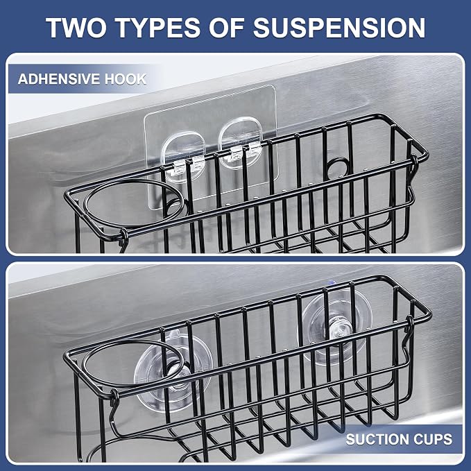3-In-1 Sponge Holder for Kitchen Sink, 2 Type Suspension Options (Suction Cups & Adhesive Hook), Hanging Sink Caddy Organizer Rack - Sponge, Dish Cloth, Brush, Scrubber, 304 Stainless Steel - Black - Image 2