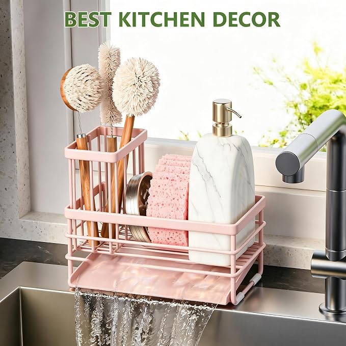 Cisily Pink Sink Caddy Sponge Holder for Kitchen with Brush Holder and Stainless Steel Self Drain Tray, Rustproof Kitchen Sink Organizer for Sponge, Soap Dispenser Storage Accessories - Image 6