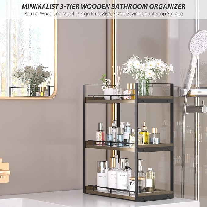 Bathroom Counter Organizer, 3 Tier Wood Countertop Shelf | for Vanity, Skincare, Makeup, Coffee Storage, Wood Shelves, Durable Metal Bracket, for Bathroom Sink, Kitchen (Deep Brown) - Image 4