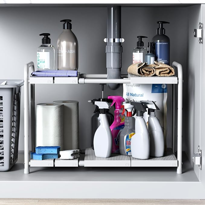 Simple Houseware Under Sink 2-Tier Heavy Duty Expandable Organizer, White | Adjustable Width 15.75–25 Inches with 4 Shelf Height Levels - Image 7