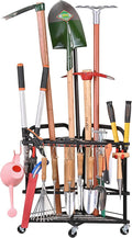PLKOW Garden Tool Organizer with Wheels and Storage Hooks, Rolling Corner Tool Storage Rack for Garden, Shed, Garage, Powder Coated Steel, Black | 31-slot corner rack with 13 side holders, 4 removable hooks, adjustable feet, and 2 locking wheels by PLKOW