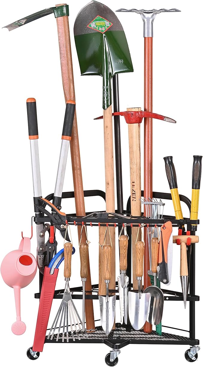 PLKOW Garden Tool Organizer with Wheels and Storage Hooks, Rolling Corner Tool Storage Rack for Garden, Shed, Garage, Powder Coated Steel, Black | 31-slot corner rack with 13 side holders, 4 removable hooks, adjustable feet, and 2 locking wheels by PLKOW