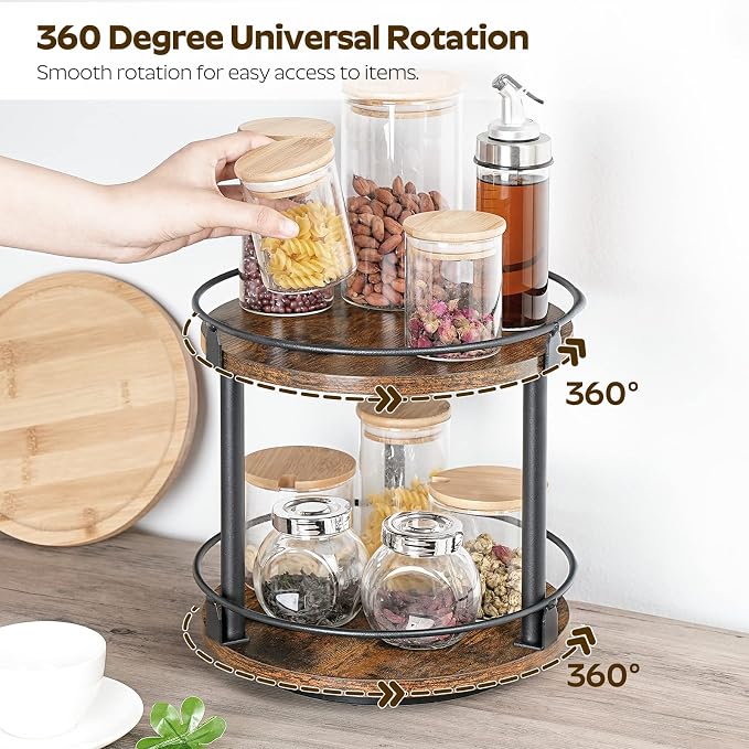 Lazy Susan Organizer, Rotating Spice Rack, 2 Tier Spice Turntable Organizer, Industrial Turntable Spice Holder, for Kitchen Countertop and Cabinet, Compact and Versatile, Rustic Brown SR22BR - Image 3