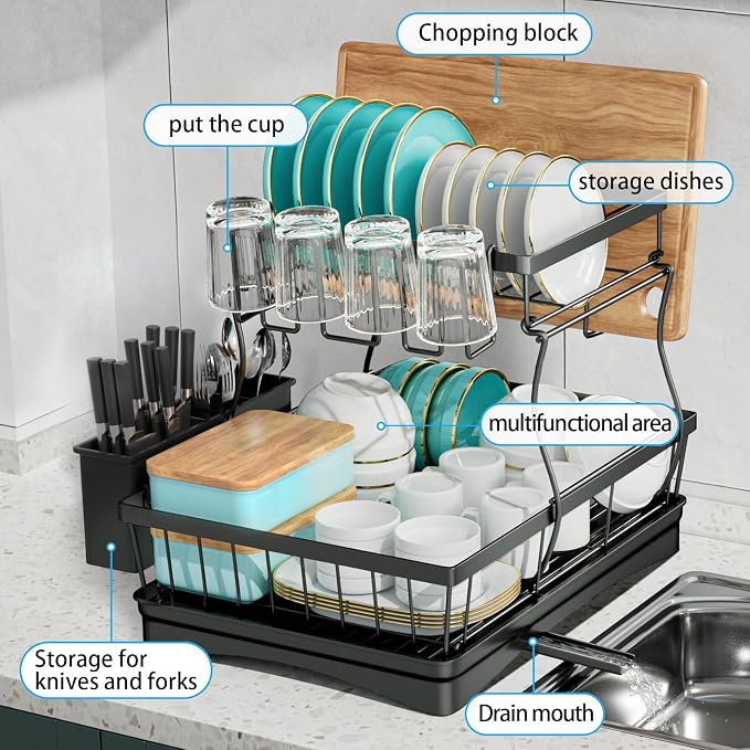 7 code 2-Tier Large Dish Drying Rack for Kitchen Counter, Black | Detachable Large Capacity Dish Drainer Organizer with Auto Drain, Anti-Rust Dish Rack with Cup & Utensil Holders - Image 5