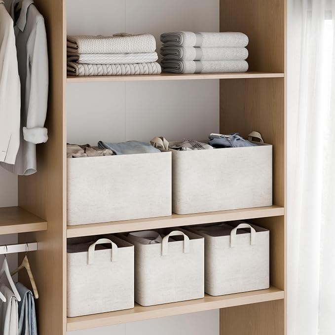 StorageWorks Linen Closet Storage Bins, 45L Storage Baskets, Beige, 2-Pack | Extra Large, With Reinforced PU Handles, Metal Frame, Collapsible Basket for Shelves, Closet, Holds Clothes, Towels, Blankets - Image 2