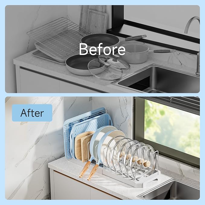 MUDEELA Pots and Pans Organizer under Cabinet, Pan Pot Organizer Inside Cabinet, Expandable 12.9''-21.88'' Pot Lid Organizer Holder with 12 Adjustable Dividers for Cutting Boards, Pan Lid Rack, White - Image 5