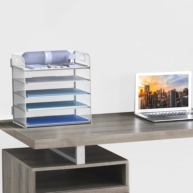 Letter Tray Paper Organizer 5-Tier Desk Organizer File Organizer Paper Holder with Handle, Metal Desktop Document Shelf Tray Office Classroom Organization - White - Image 6