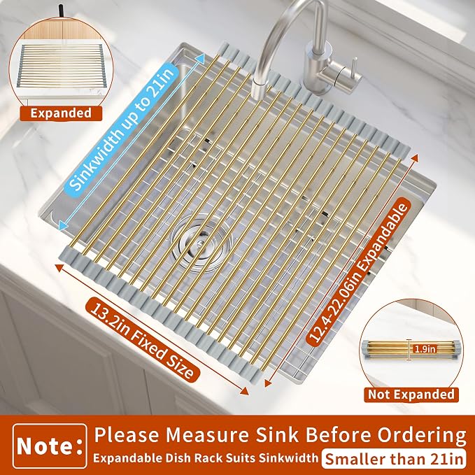 Golden Expandable Roll-UP Dish Drying Rack-Large 304 Stainless Steel Dish Drainer Over The Sink for Kitchen Countertop,Extendable & Rollable & Food Grade (Gold,22.08'x 13.2') - Image 2