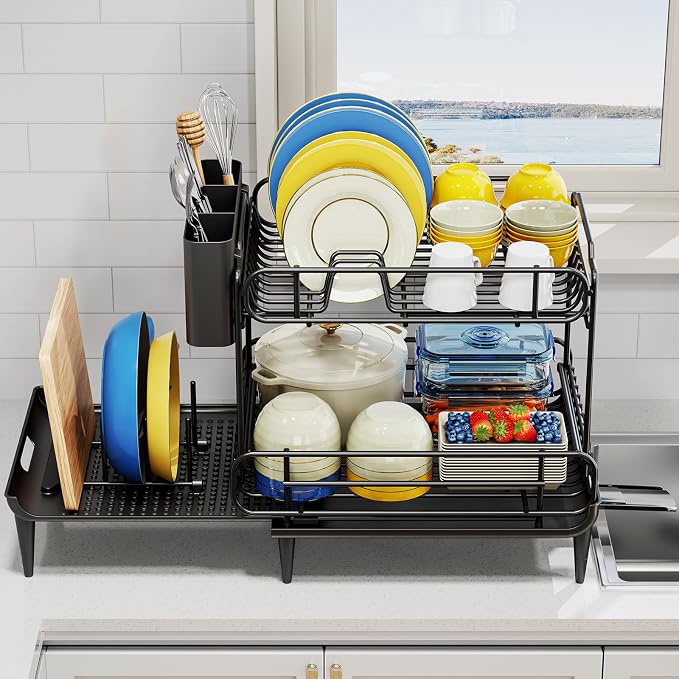Urackify Dish Drying Rack for Kitchen Counter, Expandable 2 Tier Dish Rack, Large Capacity Dish Drainer with Drainboard Multifunctional Dish Strainer with Removable Cutlery Holder Black | 2 Tier. Expands from 16.9 to 26.6 inches to fit more dishes, wit... - Image 2
