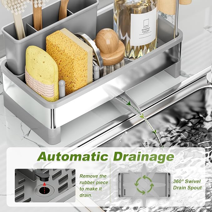 Ewaiira Stainless Steel Sink Caddy, Sponge Holder for Kitchen Sink 9.8″ | with Brush Holder Dishcloth Rack, Rustproof Sink Organizer Countertop, Soap Kitchen Organizers Storage Essentials, Gray - Image 5