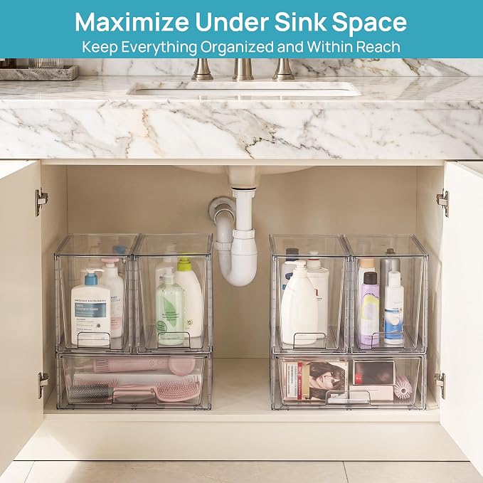 Vtopmart Clear Stackable Storage Drawers, 6 Pack Wide Tall Set | Wide and Tall Pull-Out PET Drawers with Stackable Design for Maximizing Space in Cabinets, Closets, Pantry - Image 5