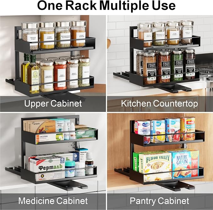Vertical Spice Rack Pull Out - 1 Pack Rotate No-Drill Slide Out Spice Rack for Cabinet Swivel Easy Access Spices, Adjust Height for 4oz to 8oz Spice Jars Inside Kitchen Pantry Cabinet, Black - Image 8
