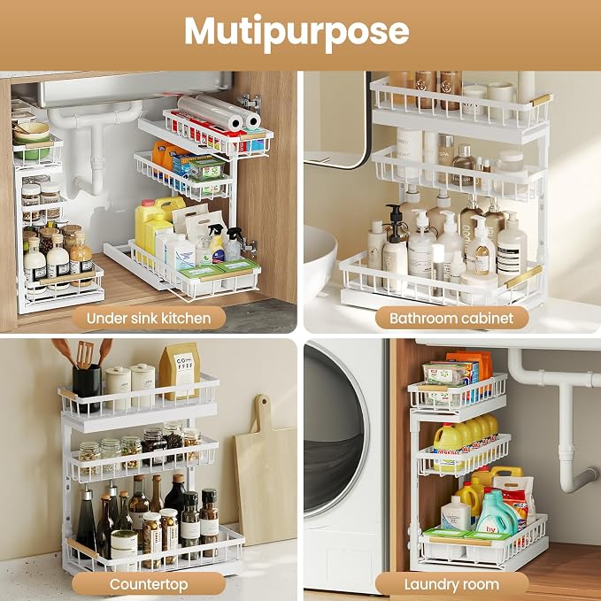 Under Sink Organizer and Storage for Bathroom and Kitchen - 2 Pack 3 Tier | Under Cabinet Pull Out Shelf Organizers - Slide Out Drawer Organization for Home Cabinets Shelves and Drawers - Image 7