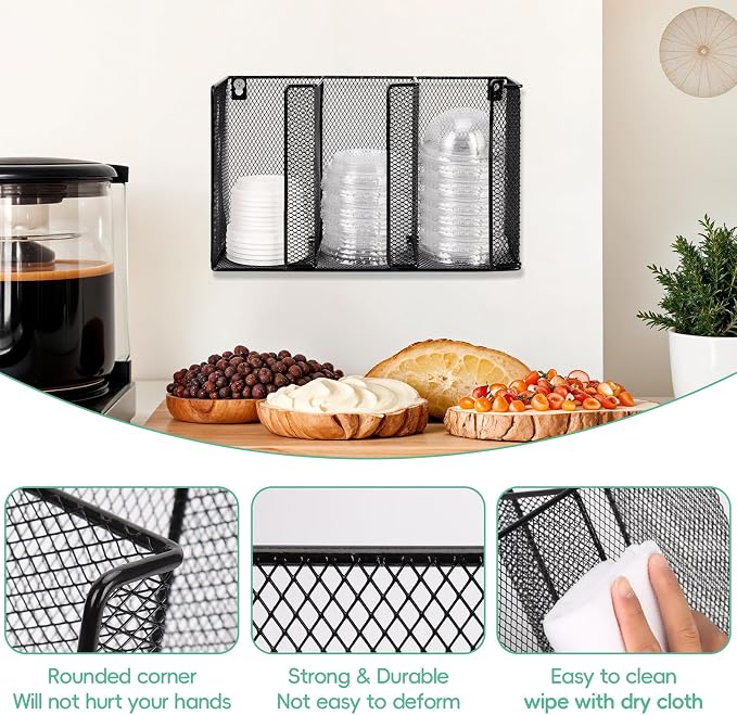 Wall Mount Coffee Cup Lid Holder Organizer 3 Compartments Coffee Cup Lid Dispenser Black Metal Mesh Disposable Cup and Lid Storage for 8-24 Oz Capacity Cup Lid Kitchen Restaurant Coffee Bar Office - Image 3