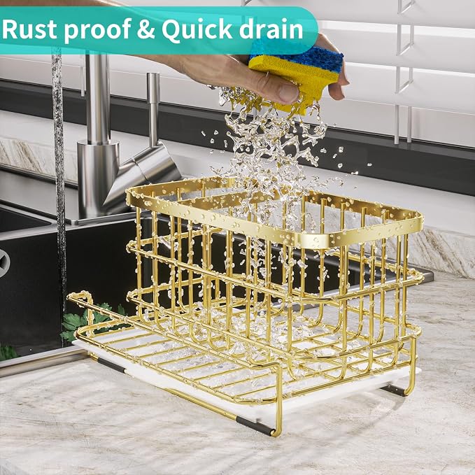 HapiRm Multifunctional Kitchen Sink Organizer with Removable Drain Tray, Quick Draining Rustproof Sink Caddy, Stainless Steel Kitchen Sponge Holder for Holds Sponge, Cleaning Towel and Scrubber - Gold - Image 3