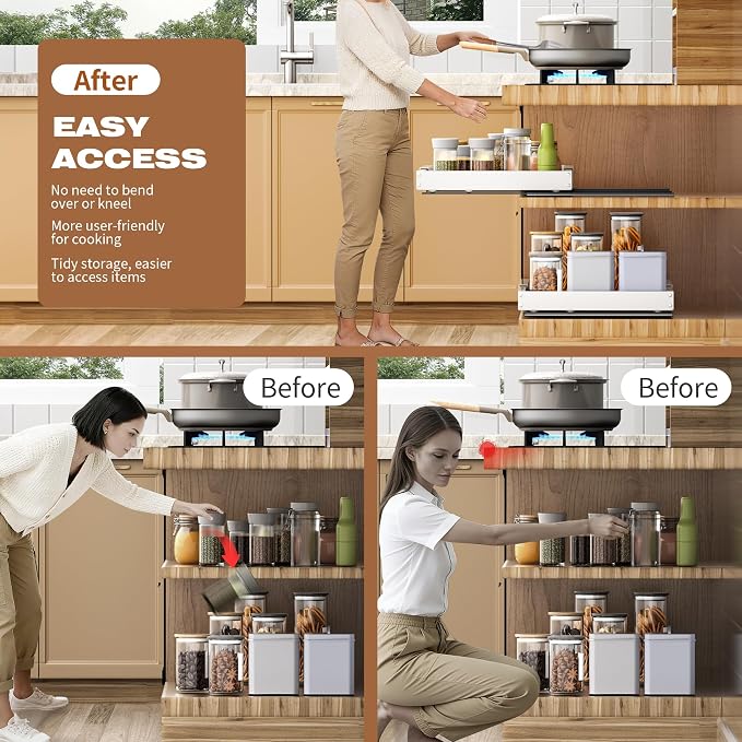 2 Pack Pull Out Cabinet Organizer Expandable, 21" Deep | Pull Out Drawers for Cabinets with Adjustable width from 12.6" to 21" Sliding Drawers for Cabinets with Heightening Pad No Drill for Kitchen - Image 2