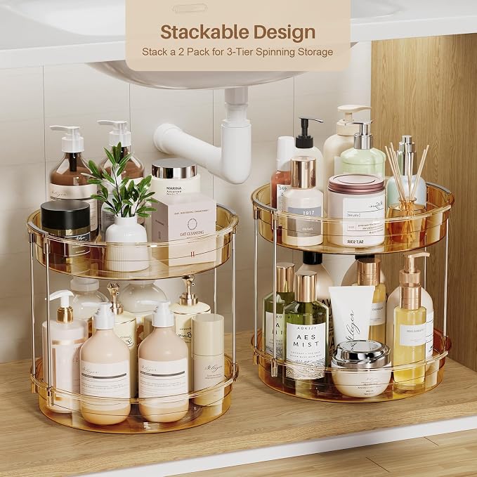 LAMU 2 Pack 2 Tier Lazy Susan Turntable Organizer 12'' Rotating Spice Rack Organization for Cabinet, Kitchen, Pantry, Countertop, Bathroom, Vanity, Medicine Cabinet Organizer, Amber - Image 3