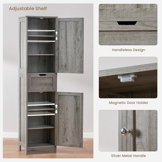 Iwell 67" Tall Bathroom Cabinet with Adjustable Shelves & 1 Drawer, Storage Cabinet with 2 Doors, Narrow Tall Cabinet, Floor Cabinet for Bathroom, Living Room, Home Office, Grey - Image 6