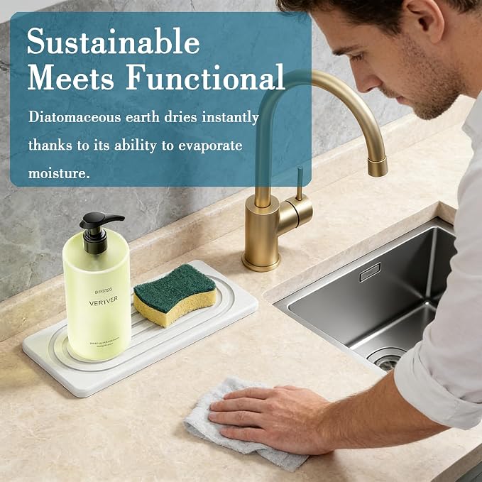 2 PCS Water Absorbing Stone Tray for Sink, Quick Drying Diatomite Bathroom Tray Countertop, Stone Drying Mat for Kitchen Counter Faucet, Soap Dish Dispenser Vanity Organizer, White-A-8.3" x 4" - Image 2