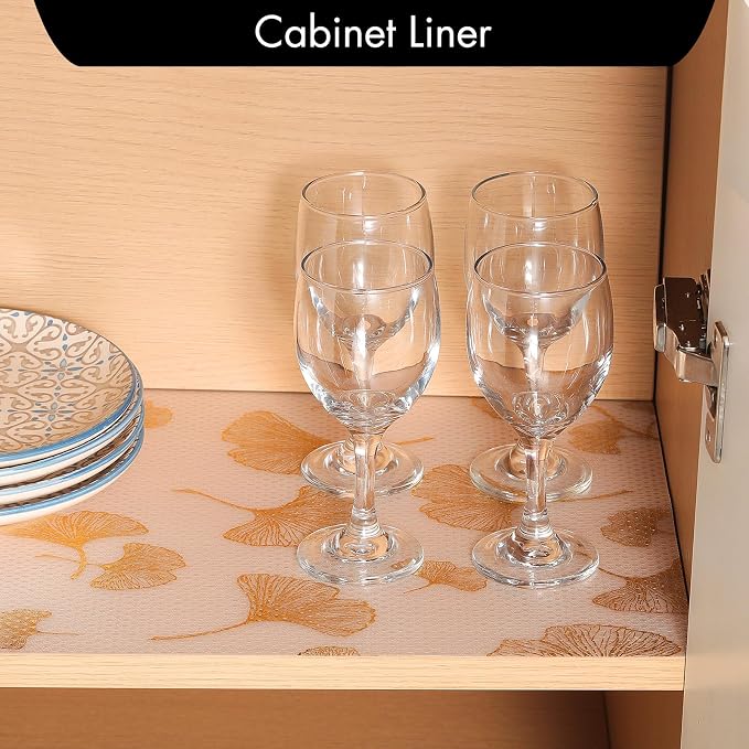 Cooyes Shelf Liner, Non Adhesive Drawer and Cabinet Liner, EVA Washable Oil-Proof Shelf Paper for Kitchen Cabinets, Refrigerator, Storage, Desks with Modern Pattern （Gold Ginkgo，11.8" W x 236" L） - Image 3