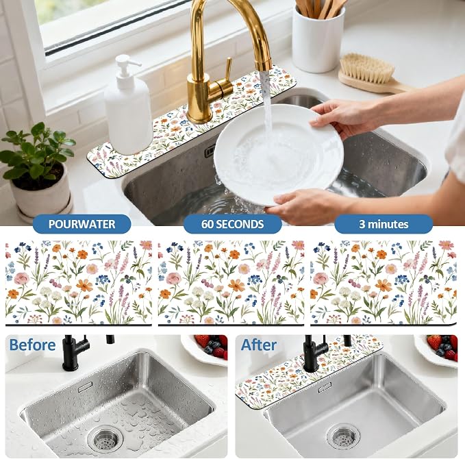 2 Pcs Kitchen Sink Splash Guard Faucet Mat Watercolor Plants Faucet Mat for Sinks Flowers Pattern Absorbing Drying Mats for Kitchen Bathroom, 23.6x5.5inch - Image 5