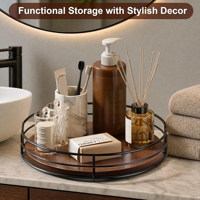 Optish 10" Elegant Lazy Susan, Non-Skid Turntable Spice Organizer, Wooden | 360° Smooth Rotation, Clear Design, Tall Raised Edge, Easy Access, Load 15 lbs, for Spices, Cabinet, Pantry, Fridge, kitchen - Image 7