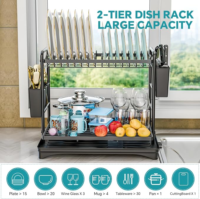 Simple Trending Dish Rack, Dish Drying Rack 2 Tier, Stainless Steel Dish Drainers with Utensil Holder and Drainboard for Kitchen Sink Organizers, 11.875" W x 16.625" D, Black - Image 3