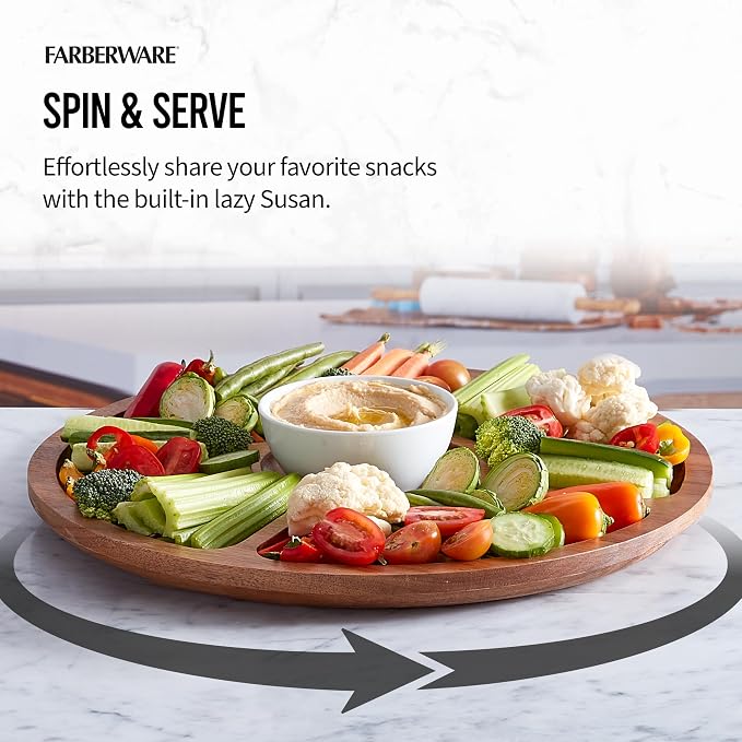 FARBERWARE Build-a-Board Cutting Board with Lazy Susan Turntable, Five Compartments, and Clear Locking Lid for Charcuterie, Snacks, and More, Acacia - Image 7