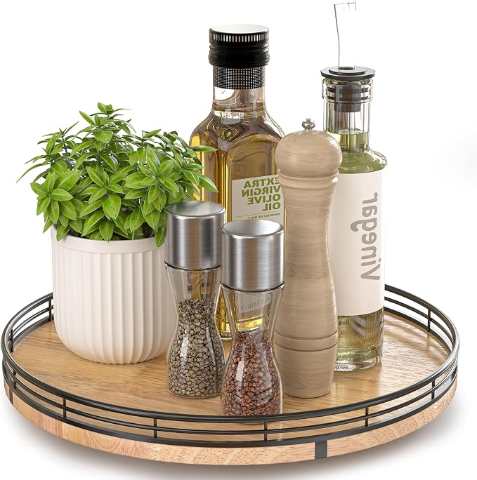 AMH 12-Inch Farmhouse Oak Lazy Susan Organizer | Smooth rotating oak tray with walnut finish for dining tables, kitchen counters, pantries and cabinet storage. by AMH