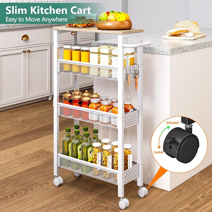 Vivihomety 4-Tier Slim Utility Rolling Laundry Cart with Wheels, Metal | Narrow 7.1" wide, Lockable wheels, wood top panel, metal frame, with handle, for laundry, bathroom, kitchen, white - Image 2