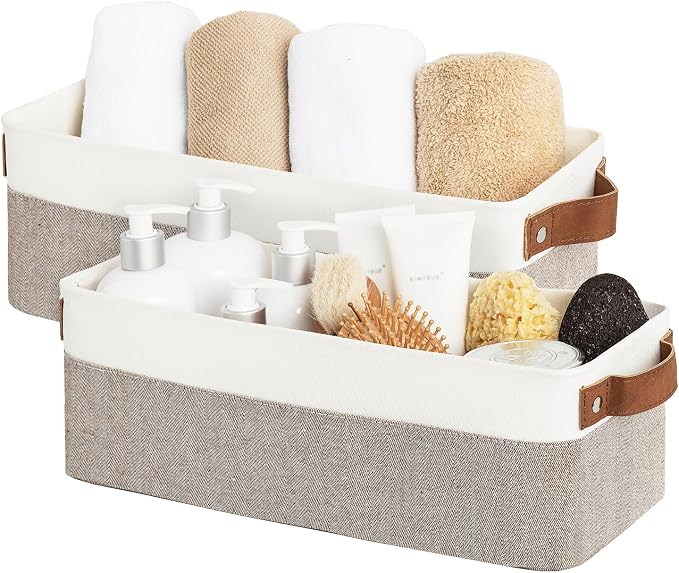 StorageWorks Narrow Storage Bins, Small Baskets, Brown and White, 2-Pack | With Metal Frame, Sturdy Structure, PU Handles, Toilet Paper Storage, Long Storage Bins for Bathroom, Closet, Shelf by StorageWorks