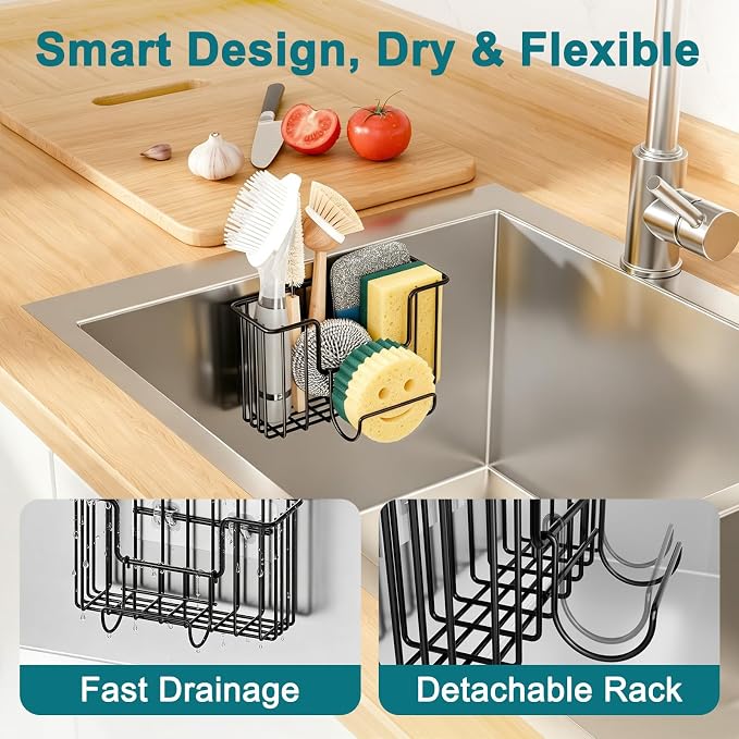 Fikoksol Sponge Holder for Kitchen Inside Sink Hanging with Adhesive Hook | Multifunctional Kitchen Sponge Caddy for Brush Storage, Metal Deep Non-Rust Kitchen Sponge Organizer Rack In Sink Accessory - Image 5