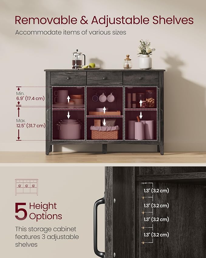 VASAGLE LIRY Collection - Coffee Bar Cabinet, Kitchen Storage Cabinet with 3 Drawers, Farmhouse Sideboard with Adjustable Shelf for Kitchen, Antique Charcoal UBBK371B02V1 - Image 4