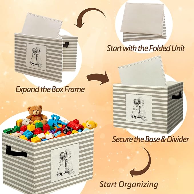 Rustic Girl and Dog Storage Bins Boxes Handles | grey striped nursery foldable basket for organizing bedroom toddler playroom - Image 6
