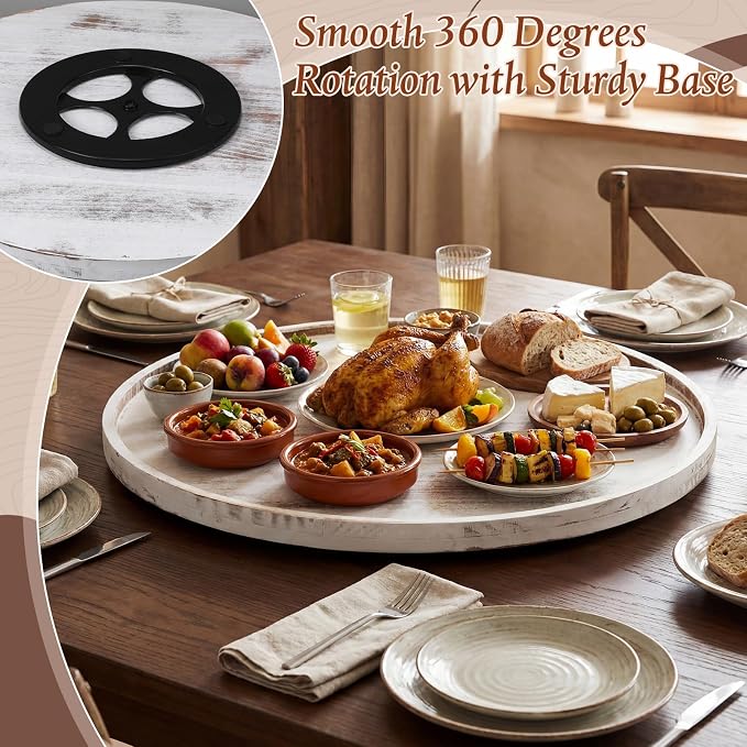 20'' Wood Lazy Susan for Countertop Acacia Large Turntable Rotating Serving Tray for Table Top Non Skid Kitchen Tray Revolving Condiment Spice Rack Table Organization Storage, White - Image 7