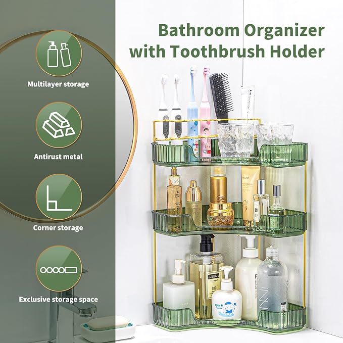 Makeup Organizer 3 Tier Bathroom Counter Organizer with Makeup Brush Holder | Corner Bathroom Organizer Countertop, Acrylic Counter Storage for Bathroom Dresser, Skincare Perfume Organizer- Green - Image 6