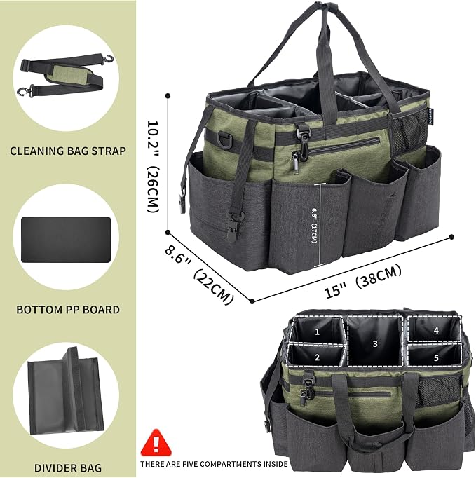 IBVIVIC Wearable Cleaning Caddy Bag for Cleaning Supplies, Green | Cleaning Organizer Tote Bag with Handle & Shoulder Straps Kitchen Cleaning Supplies Storage Bag for Cleaners & Housekeepers - Image 2