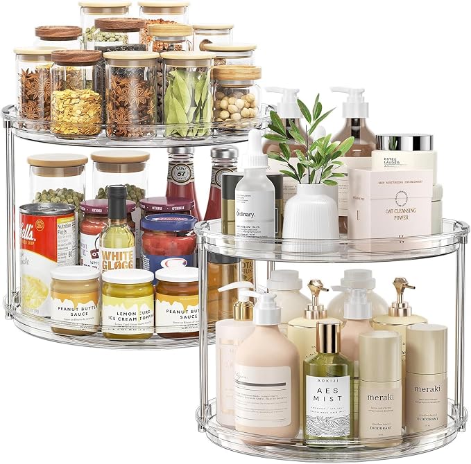 LAMU 2Pack 2 Tier Lazy Susan Organizer 12 inch Large Lazy Susan Turntable Rotating Spice Rack Organization for Cabinet, Kitchen, Pantry, Countertop, Bathroom, Vanity, Medicine Cabinet Organizer, Clear by YourHome-OrganizationHelper