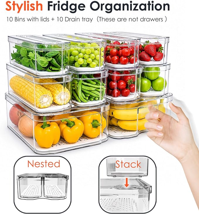 SMRCAD Clear Fridge Bins with Drain Trays - BPA-Free PET, Stackable | 10 Pack: 10 lidded Bins, Helps Keep Produce Fresh, 17.4L Capacity, Hand Wash Only - Image 5