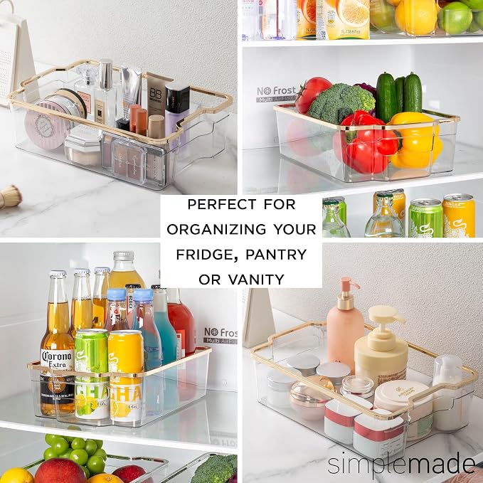 SIMPLEMADE Clear Refrigerator Organizer Bins - Clear Bins for Fridge, Containers for Fridge and Freezer, Multipurpose Storage for Kitchen, Office, Bathroom, Gold Rim (8" x 12") - Image 8