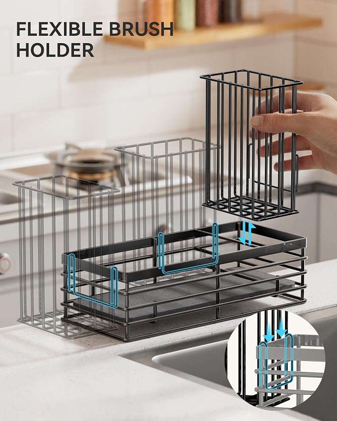 Yofidra Sponge Holder for Kitchen Sink, Sink Caddy Organizer with Stone Drying Mat, Kitchen Countertop Organizers and Storage Essentials, 304 Stainless Steel (Black, 9.29″ L) - Image 3