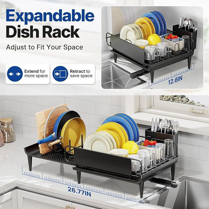 Urackify Expandable Dish Drying Rack with Drainboard for Kitchen Counter | Expands from 16.9 to 26.6 inches to fit more dishes, plates with fast drainage and flexible placement for any sink - Image 4