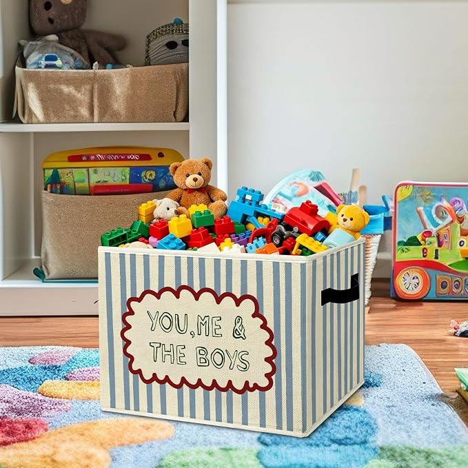 Rustic Boys Playroom Storage Bins & Boxes with Handles | toys books clothes, you me & the boys blue striped nursery foldable basket for organizing bedroom toddler room playroom - Image 2