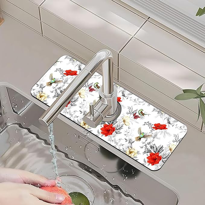 Faucet Mat for Kitchen Sink Poppy Flowers Watercolor Sink Splash Guard Behind Faucet Soft Diatom Mud Material Non-slip Easy to Clean for Bathroom & Kitchen 15"X5.5" - Image 6