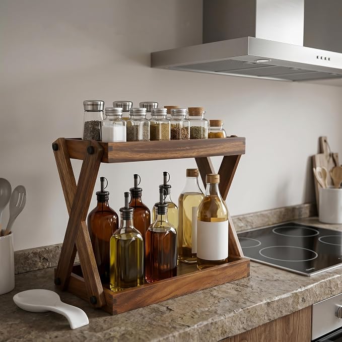 2 Tier Wood Countertop Organizer Shelf for Kitchen Bathroom Spice Storage | Tool-free quick assembly,ZOVANO, Spice Rack Organizer, Wood Shelf for Coffee Bar, Condiment Caddy for Counter - Image 6
