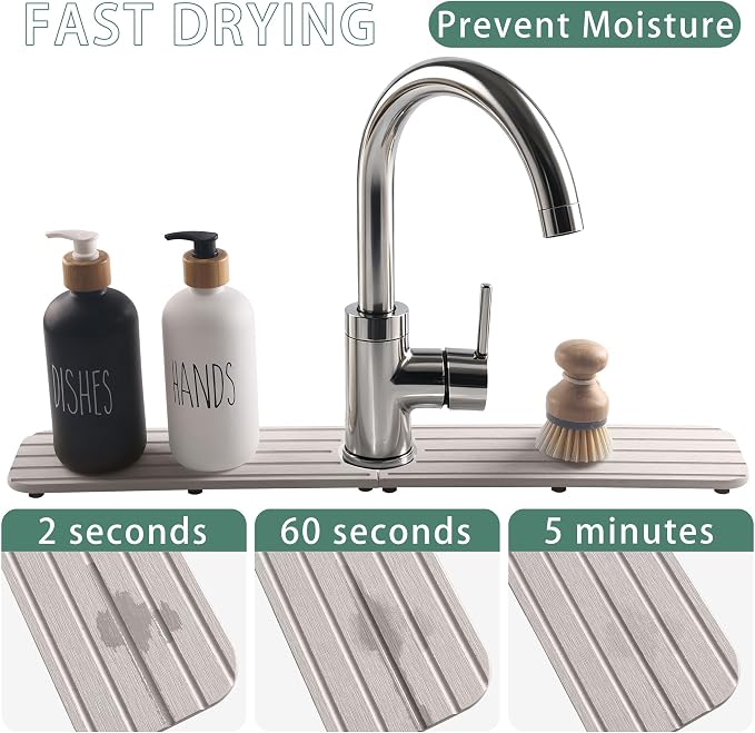 NiuYichee Faucet Mat for Kitchen Sink, Water Absorbing Diatomite Stone Tray | 23.6" x 3.9" Sink Coaster for Bathroom Counter, Stone Drying Mat, Sink Splash Guard, Fast Drying-Prevent Moisture, Pale Gray - Image 4
