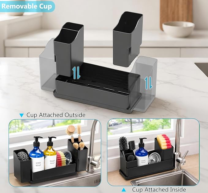 Sponge Holder for Kitchen Sink with Drying Stone, Black | Kitchen Caddy Sink Organizer, 2 Removable Cups, Premium ABS, Anti-Slip, 12.7" Sponge and Soap Holder for Kitchen Counter - Image 5